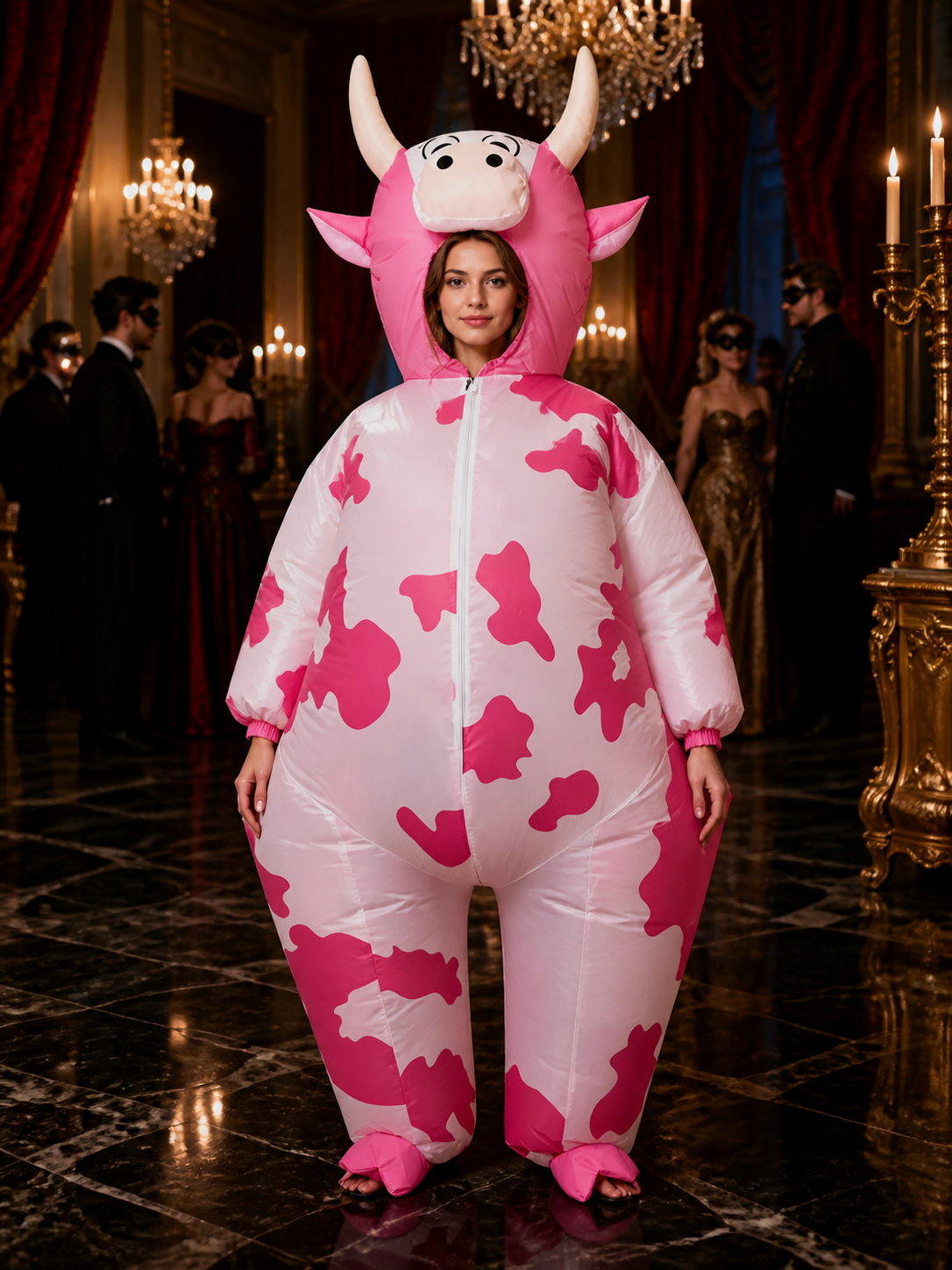 Pink Cow Inflatable Costume, Hooded Animal Outfit for Halloween Party Costumes detail
