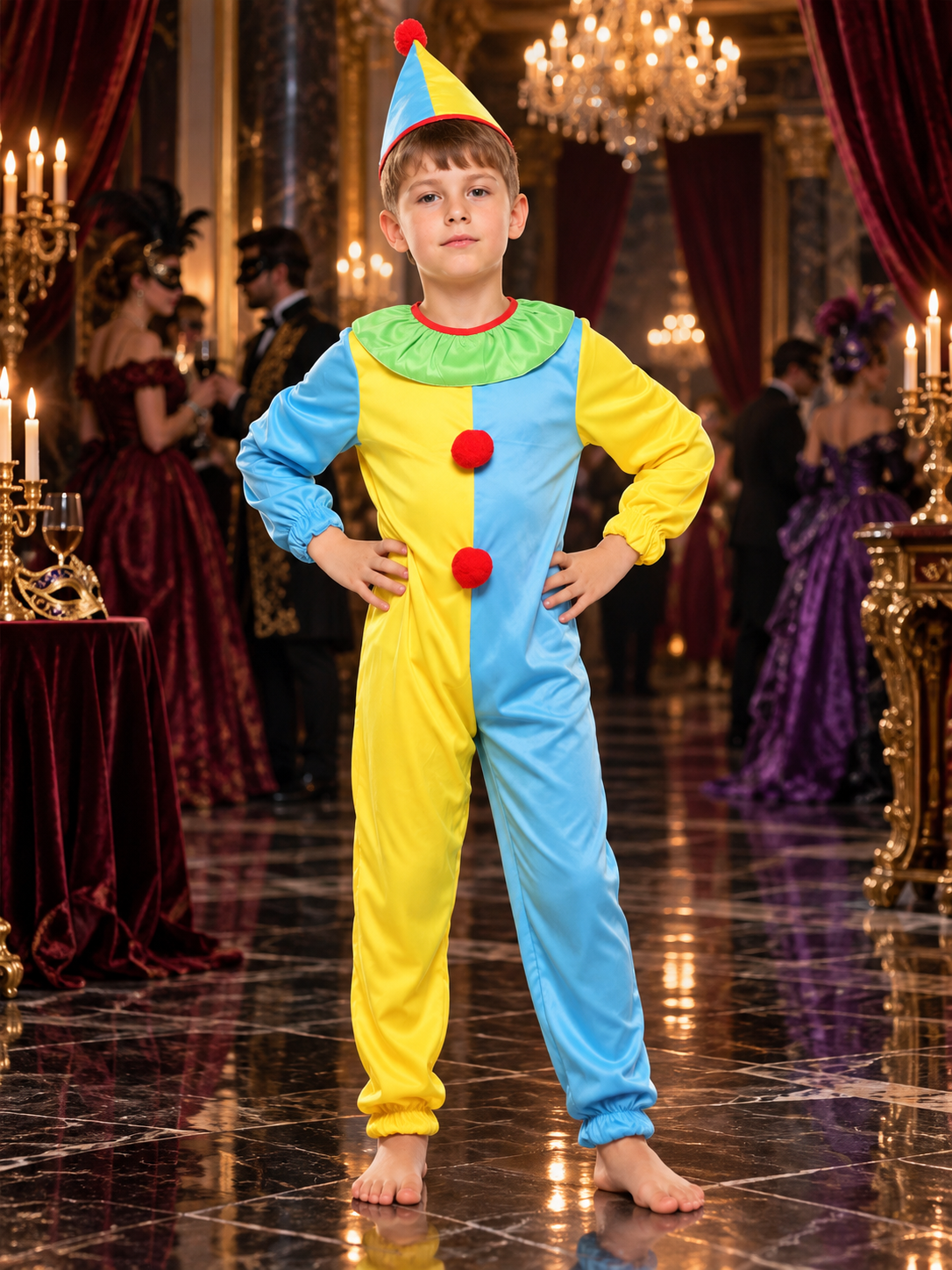 Kids' Clown Costume: Jumpsuit and Hat, Blue and Yellow