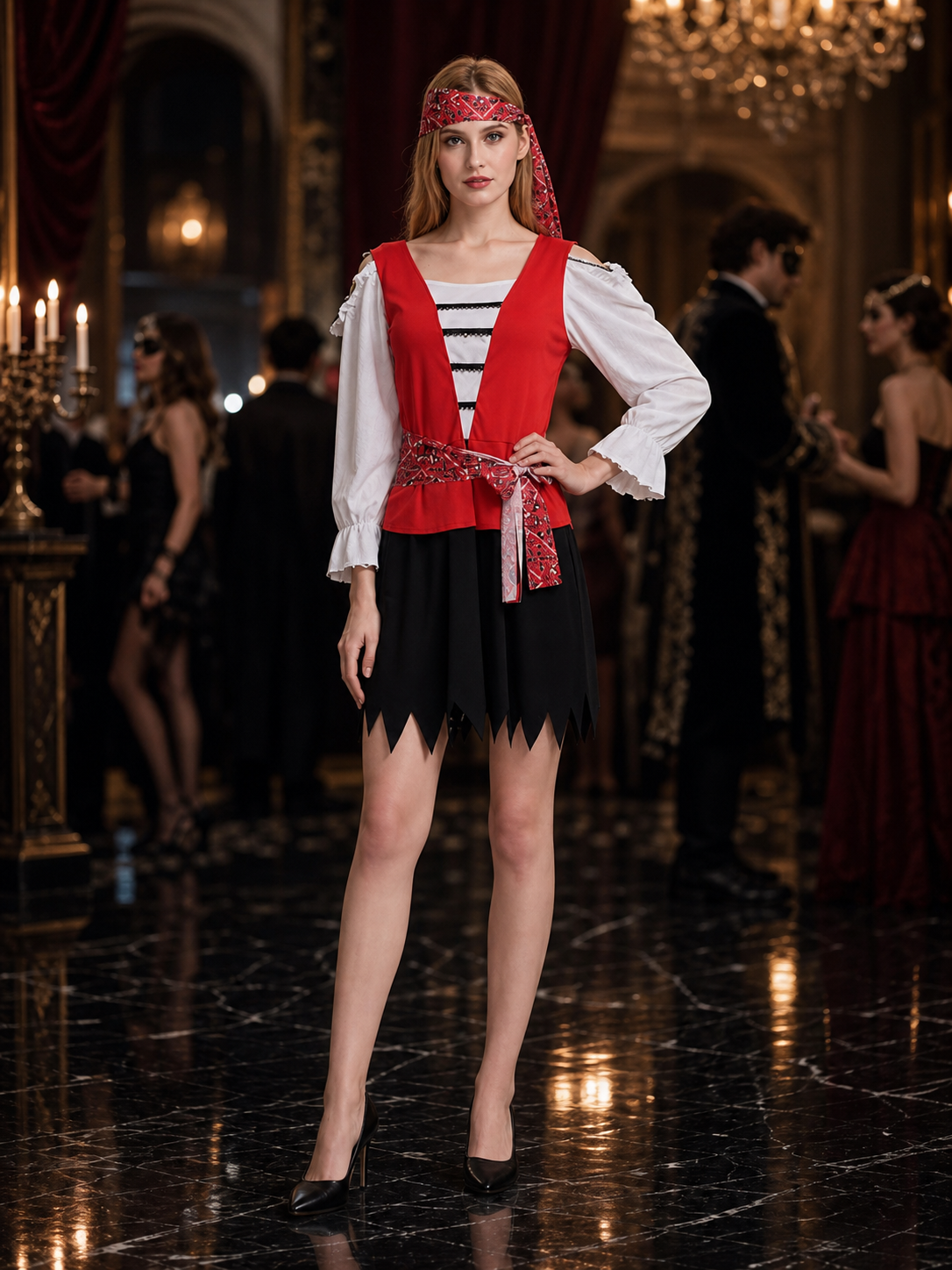 Halloween Pirate Costume Dress Set with Headscarf and Belt, Long Sleeve, Red Costume Dresses detail