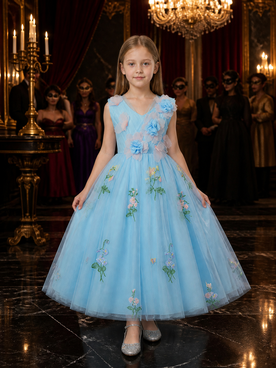 Girls' Sky Blue Princess Dress, Sleeveless Full Skirt With 3D Floral Embroidery Costume Dresses detail