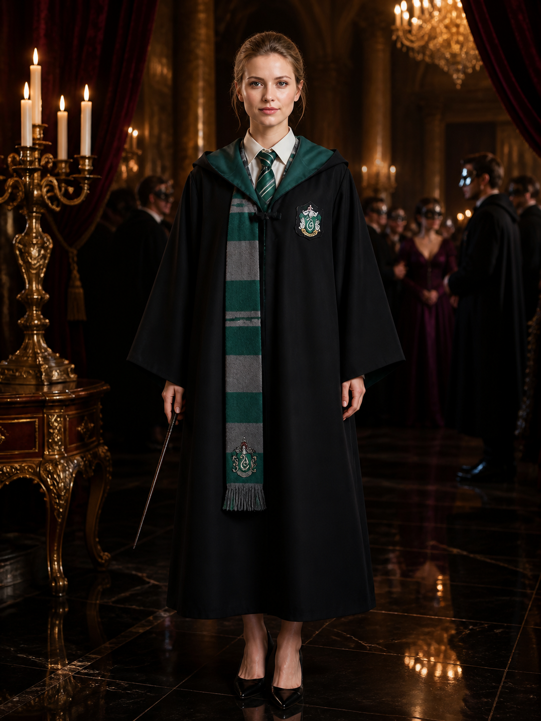 Slytherin Wizard Costume Set, Long Black Robe with Tie and Scarf, 3-Piece Outfit Costumes detail