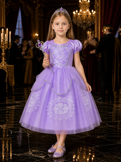 Girls Sophia Princess Dress Costume Set with Crown and Wand, Floral Embroidered Costume Dresses detail