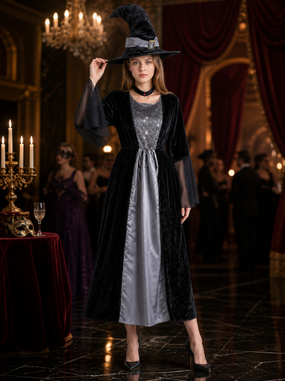 Women's Gothic Witch Costume Set, Long Dress with Hat and Neck Accessory