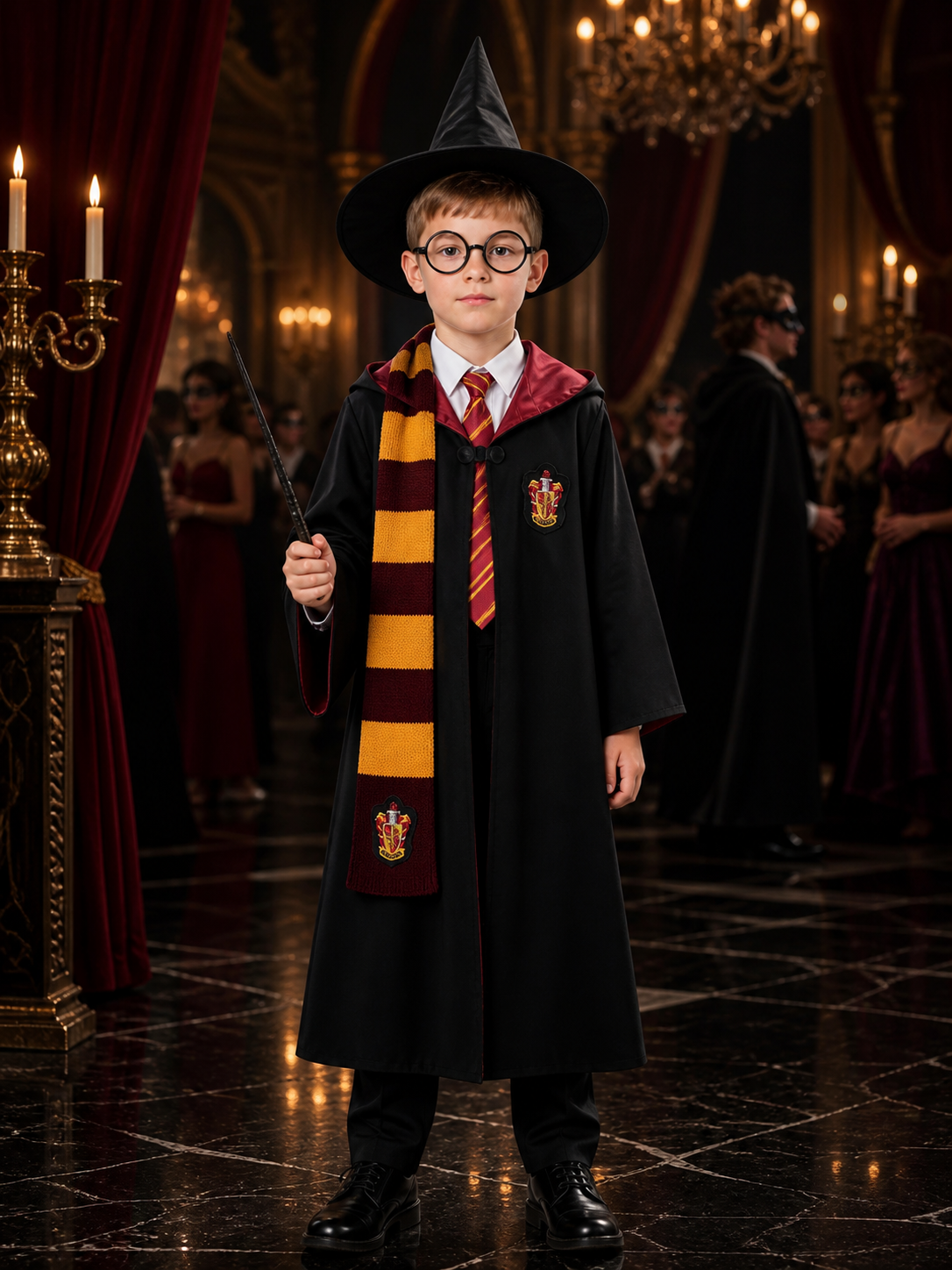 Kids Wizard Robe Costume Set, Hooded Cloak with Striped Scarf, Tie, Hat, Glasses