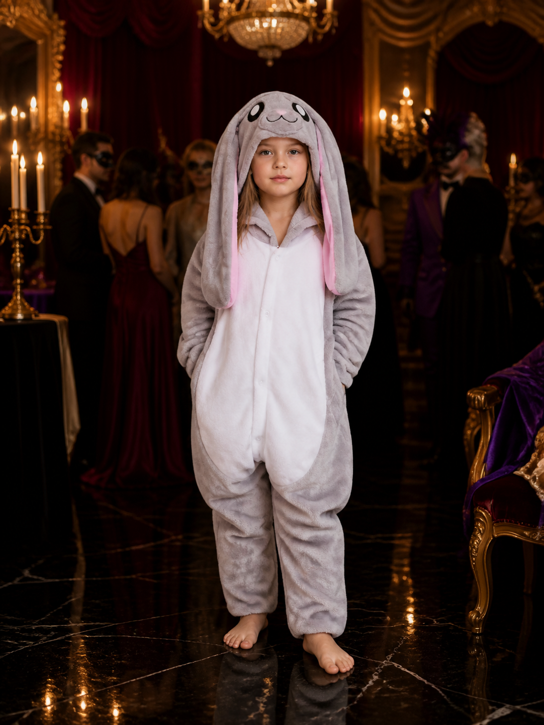 Gray Rabbit Hooded Jumpsuit Costume, Long-Ear Cartoon Animal One-Piece Outfit Costumes detail