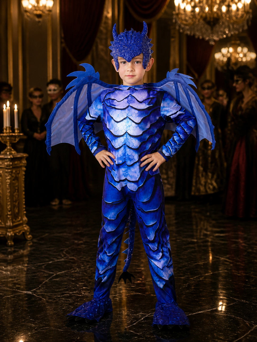 Kids' Blue Ice Dragon Knight Dinosaur Jumpsuit Costume with Wings and Character Costumes detail
