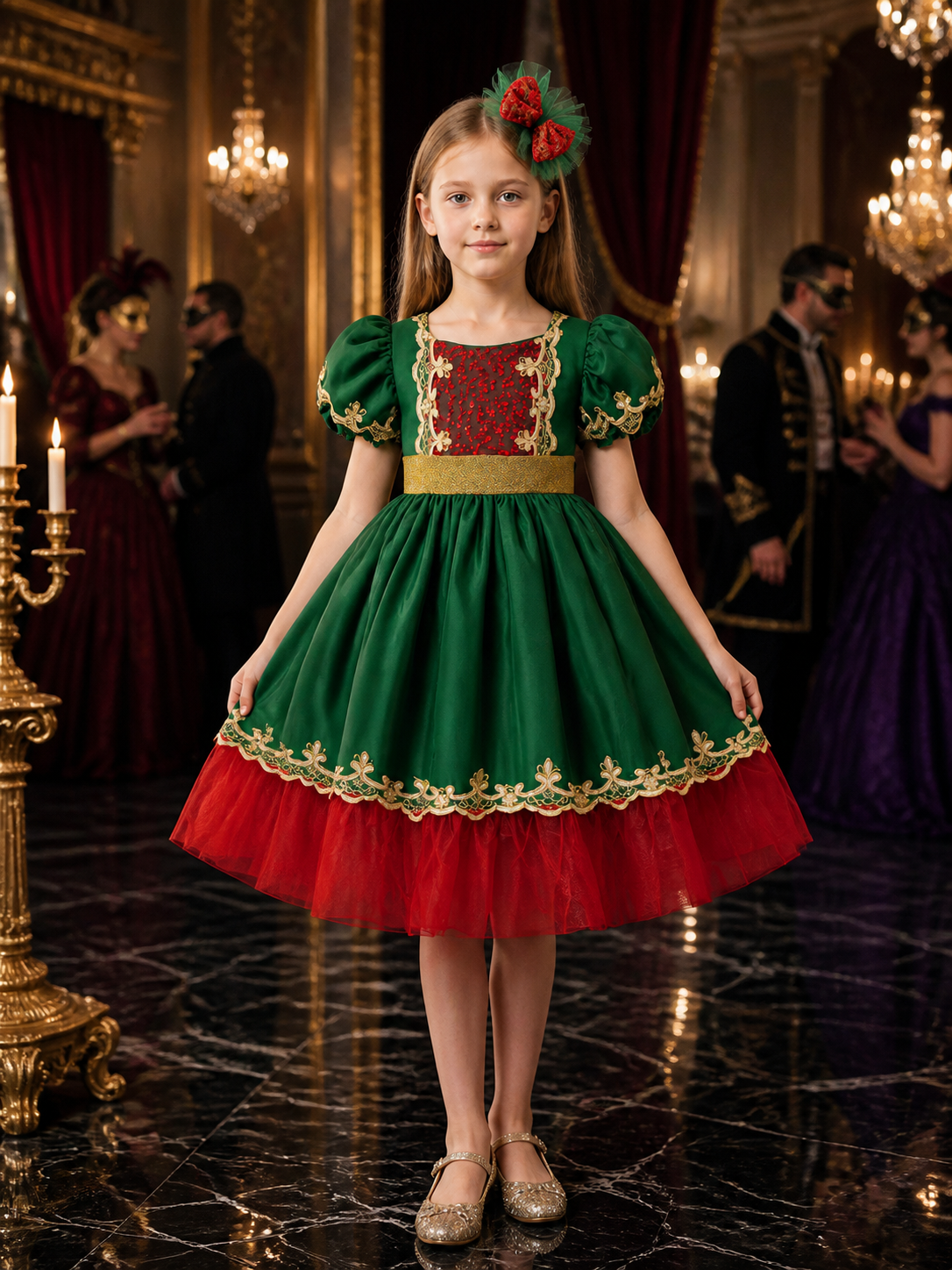 Girls' Christmas Princess Dress, Sequined Red and Green Tulle Party Outfit Costume Dresses detail