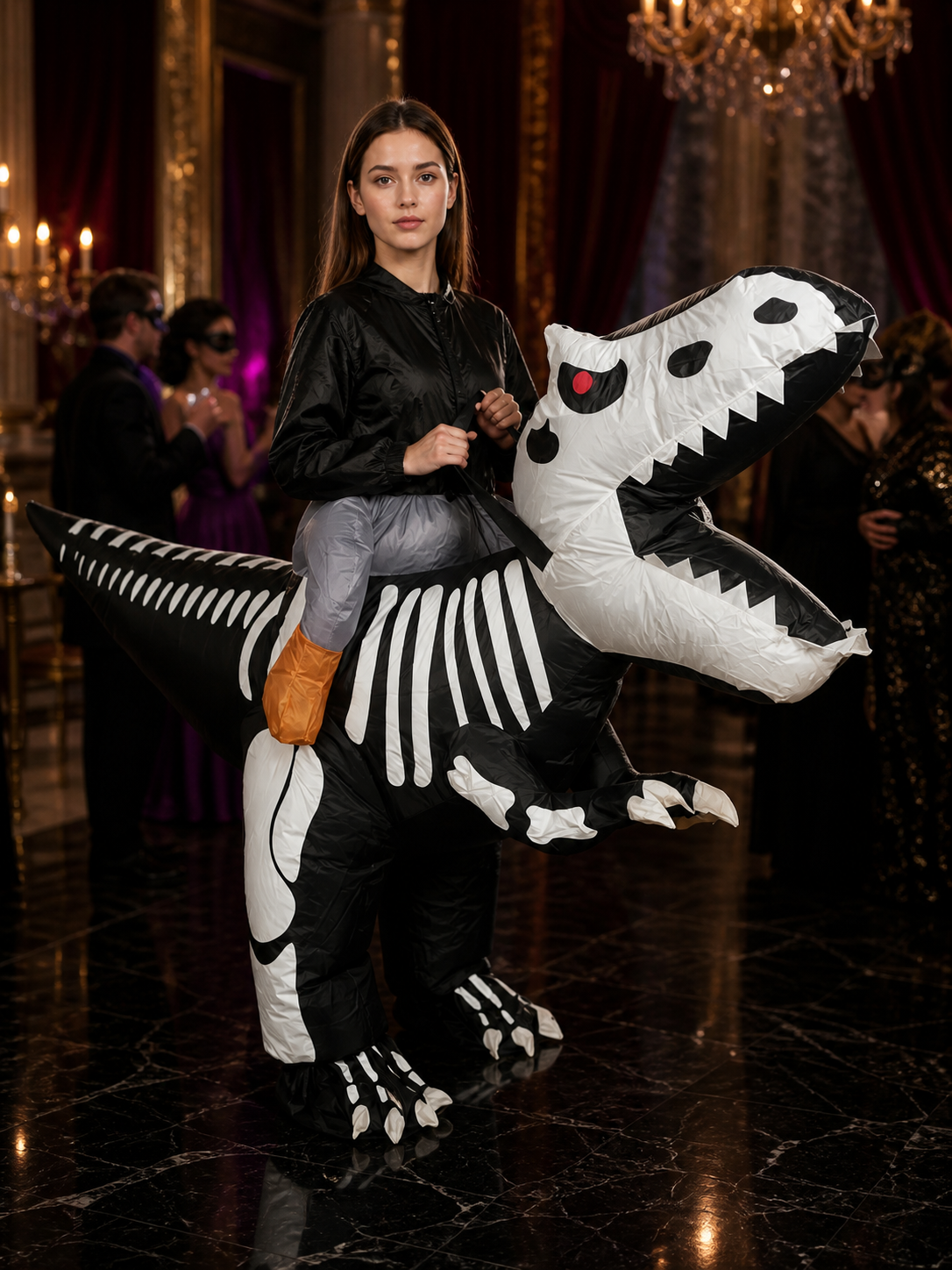 Adult Inflatable Dinosaur Costume, Black and White Skeleton Print for Halloween Costumes detail