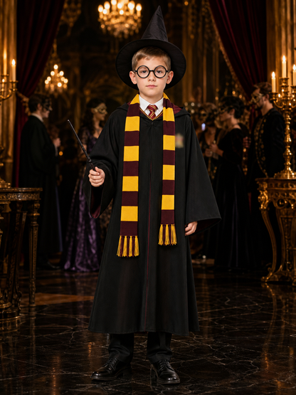 Wizard Costume Set, Hooded Cloak, Pointed Hat, Tie, Scarf, Wand and Glasses for