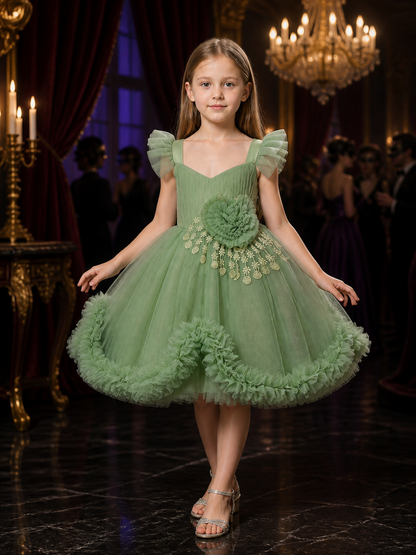 Baby Girls Flower Girl Princess Dress, Layered Tulle Skirt, Ruffle Sleeves and Costume Dresses detail