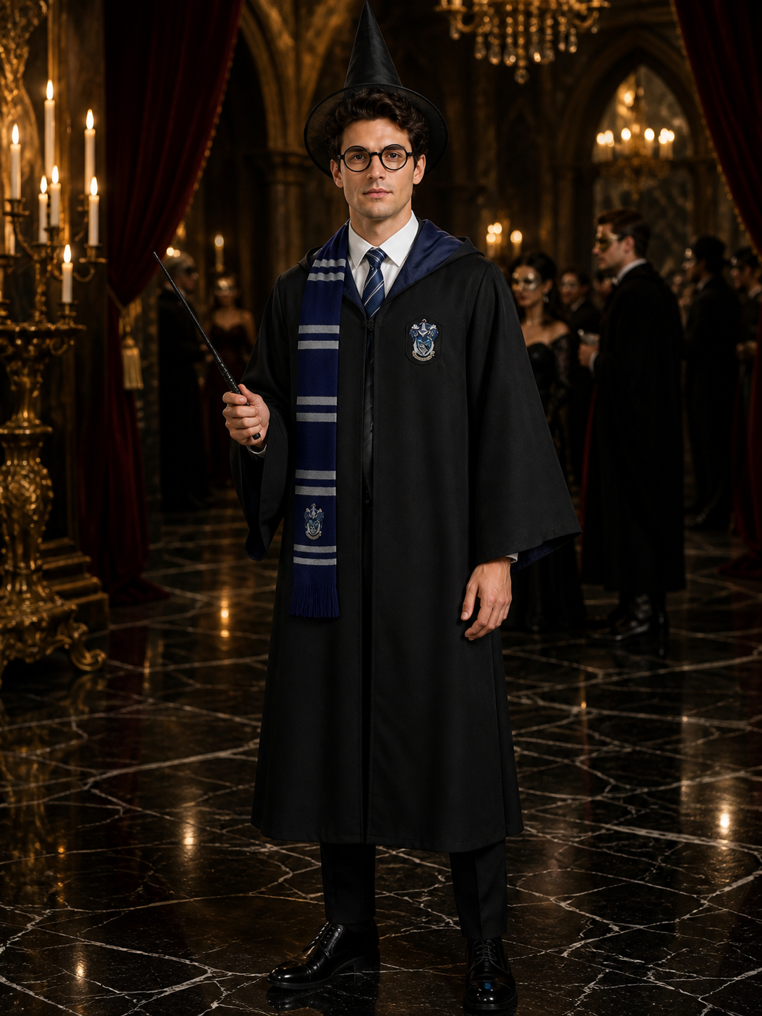 Men's Wizard Costume Set, Hooded Long Robe With Pointed Hat, Glasses, Wand And Costume Headwear detail