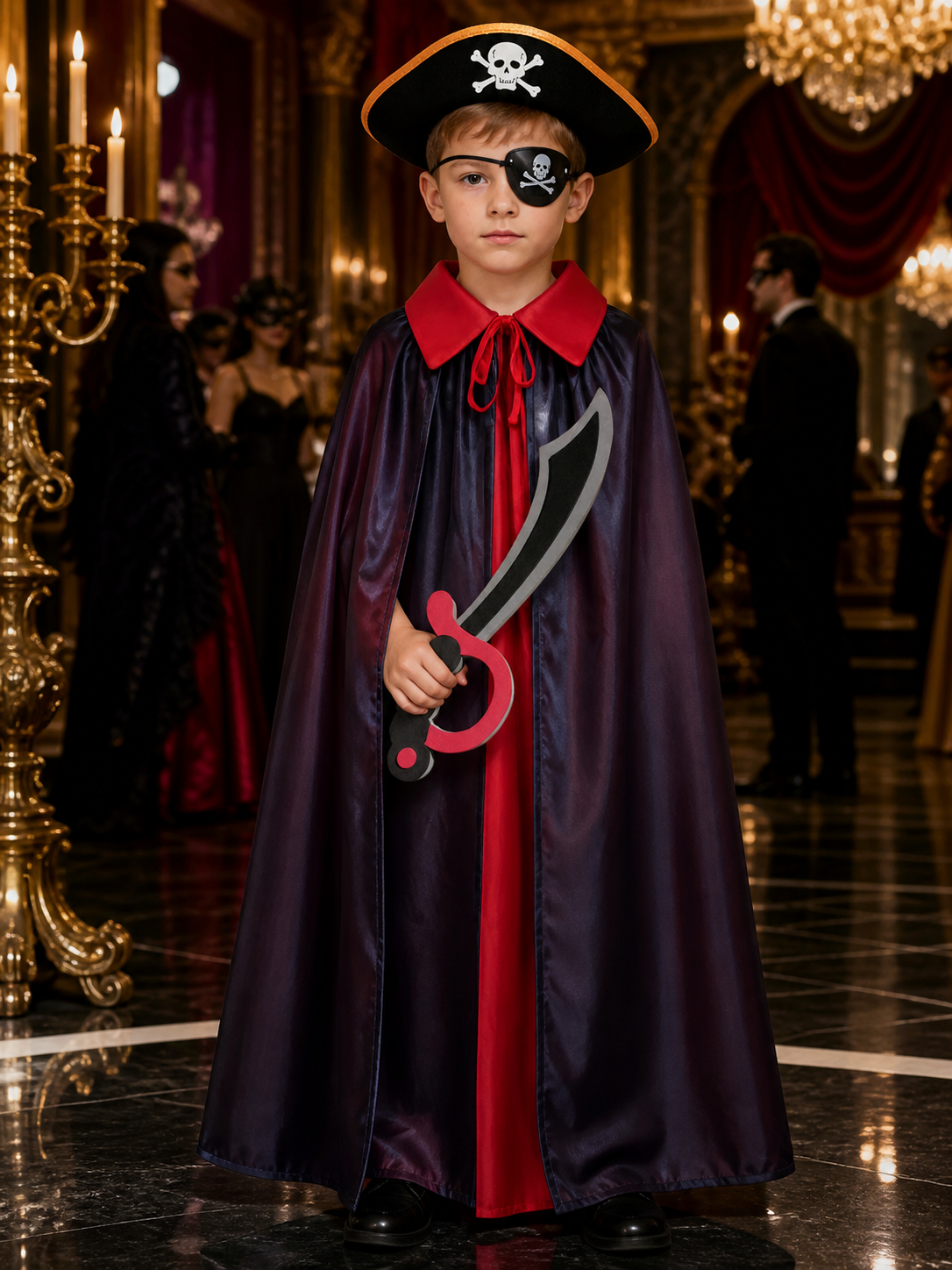Pirate Cape Costume Set for Kids with Hat, Eye Patch & Toy Sword, Halloween Costume Capes detail