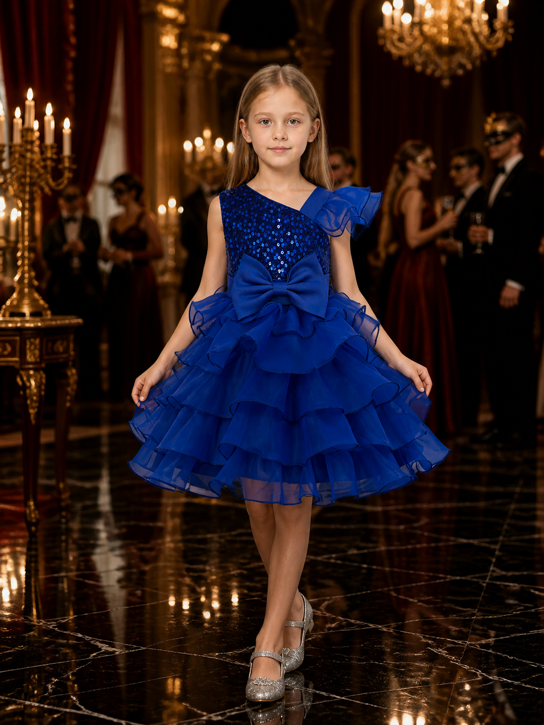 Toddler Girls' Blue Princess Dress, Sequined Bow Layered Ruffle Party Gown Costume Dresses detail