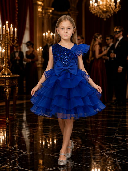 Toddler Girls' Blue Princess Dress, Sequined Bow Layered Ruffle Party Gown Costume Dresses detail