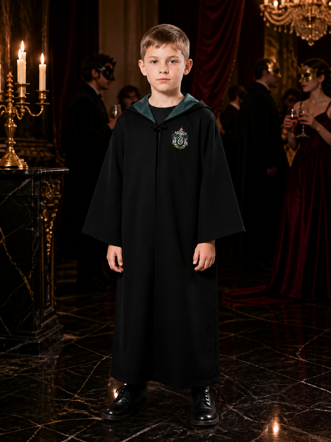 Kids' Slytherin-Themed Hooded Wizard Robe Costume, Black And Green Long-Sleeve Costumes detail