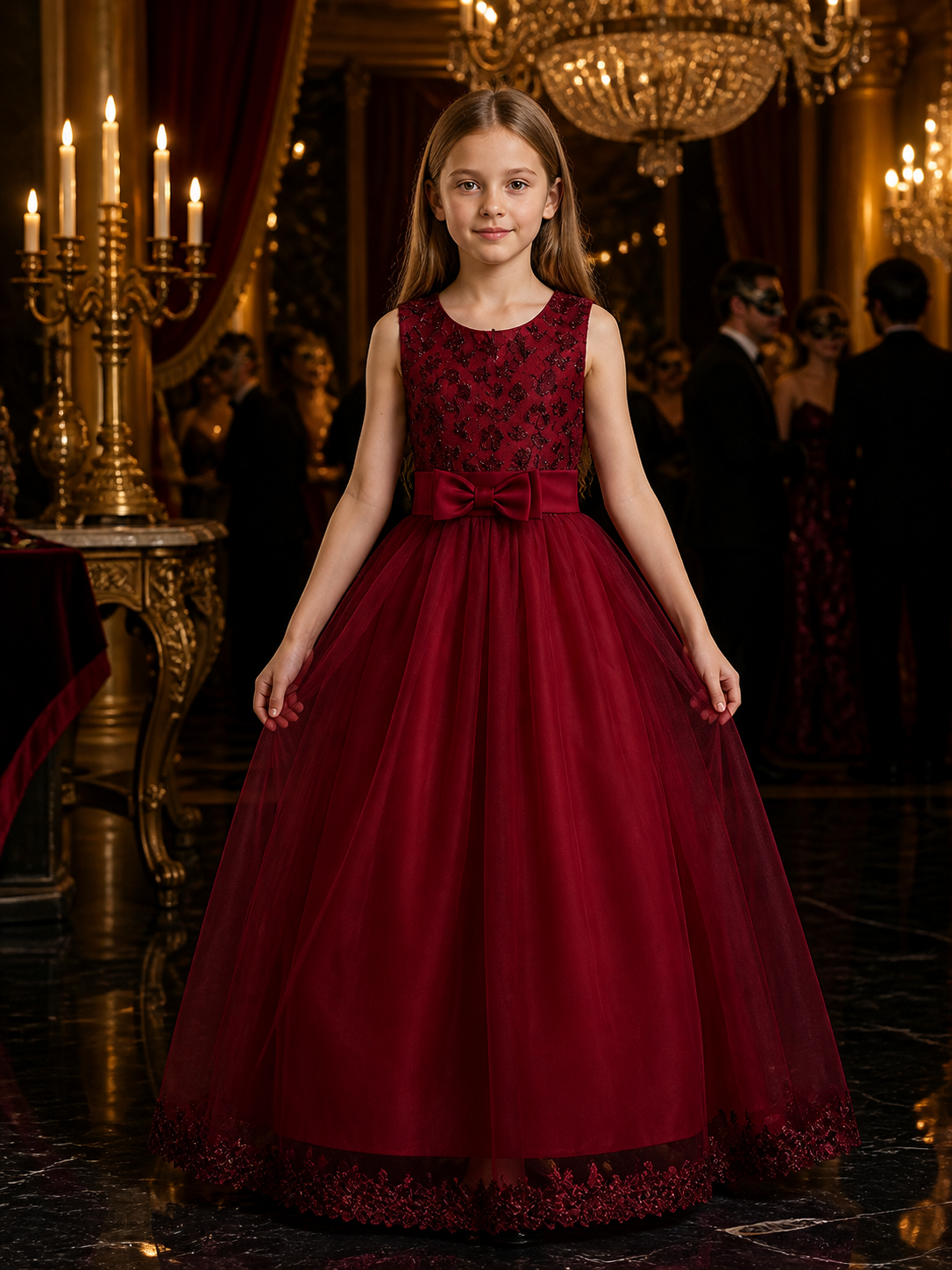 Red Princess Formal Dress, Sleeveless Lace Bodice, Layered Tulle Skirt Costume Dresses detail