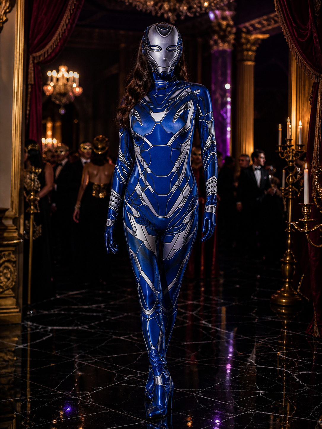 Iron Man Jumpsuit Costume with Attached Hood, Blue Silver Armor Print for Costumes detail