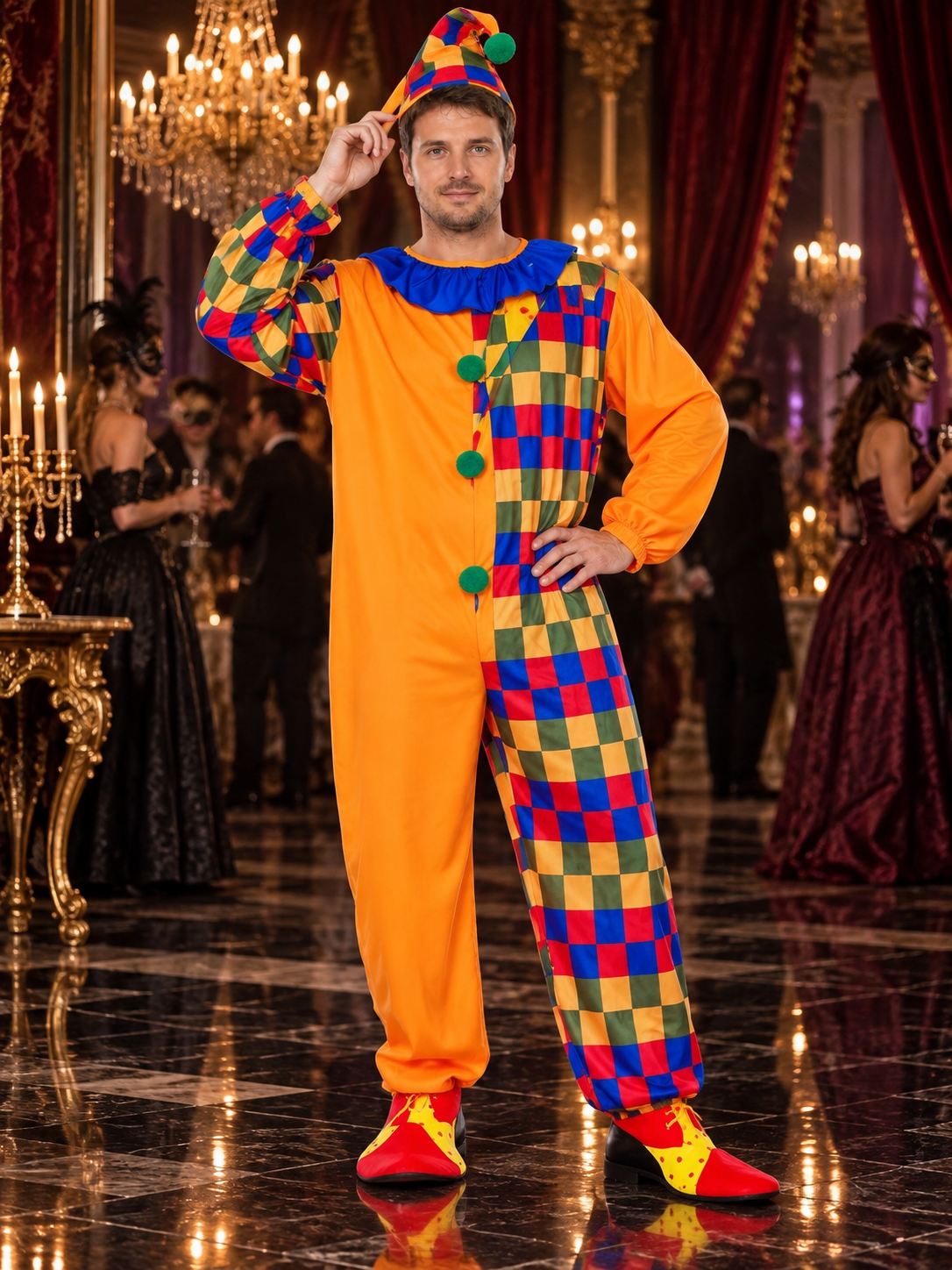 Bright Adult Clown Costume with Ruffle Collar and Hat