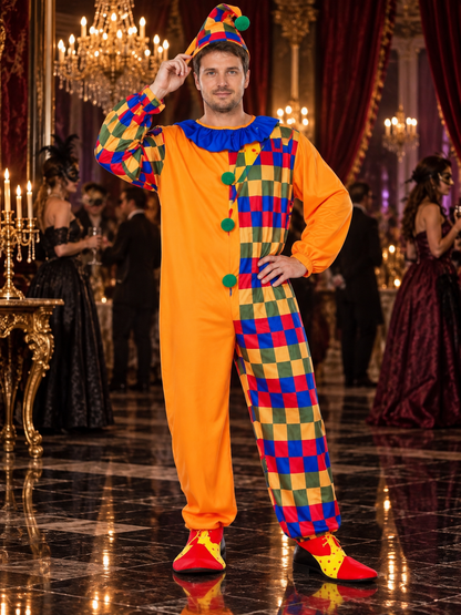 Bright Adult Clown Costume with Ruffle Collar and Hat