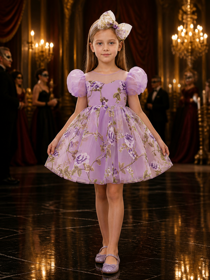 Baby Girls' Floral Princess Dress With Puff Sleeves, Tulle Skirt And Bow Costume Dresses detail