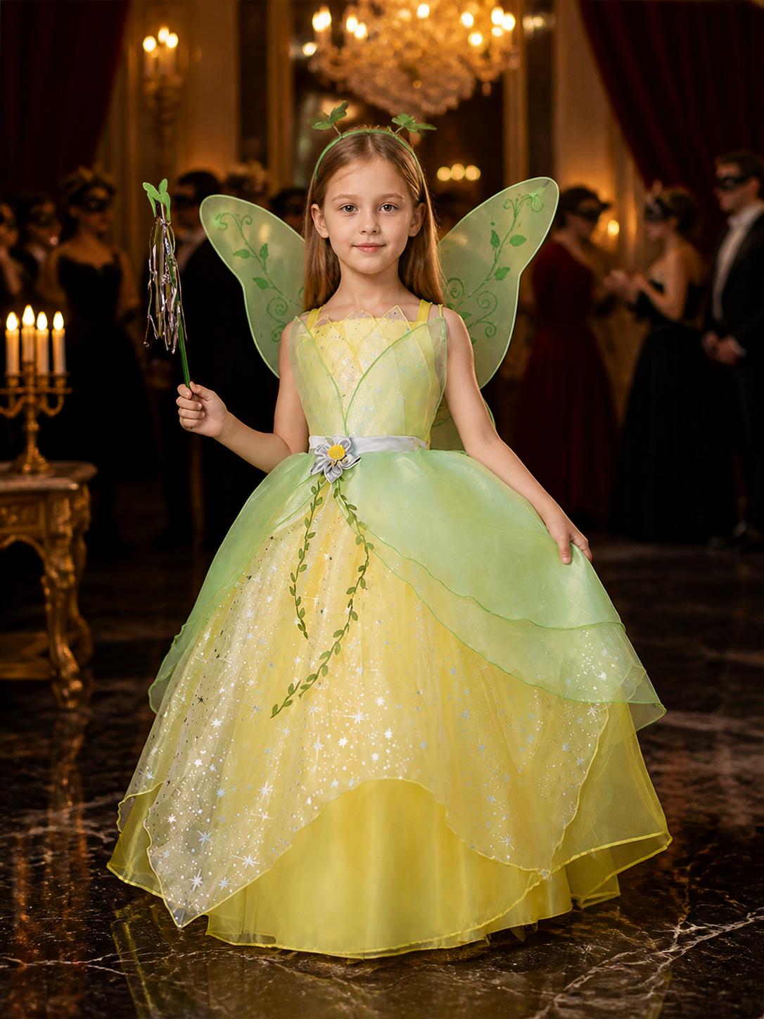 Girls Sparkle Princess Costume Dress with Green Vine Trim, Translucent Layered Costume Dresses detail