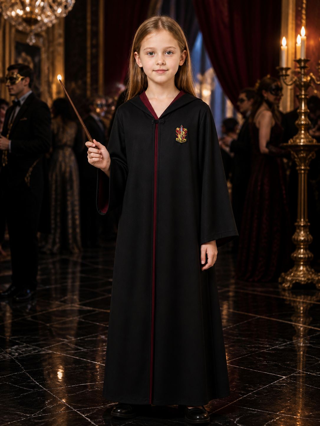 Black Hooded Wizard Robe Costume Set With Crest And Magic Wand Costume Accessories detail