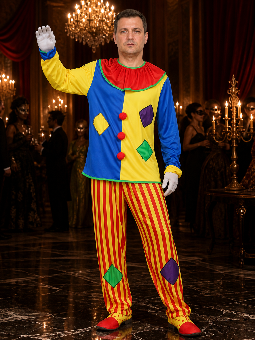 Adult Unisex Clown Costume Set, Colorful Striped Top and Pants, Circus Halloween Costumes detail