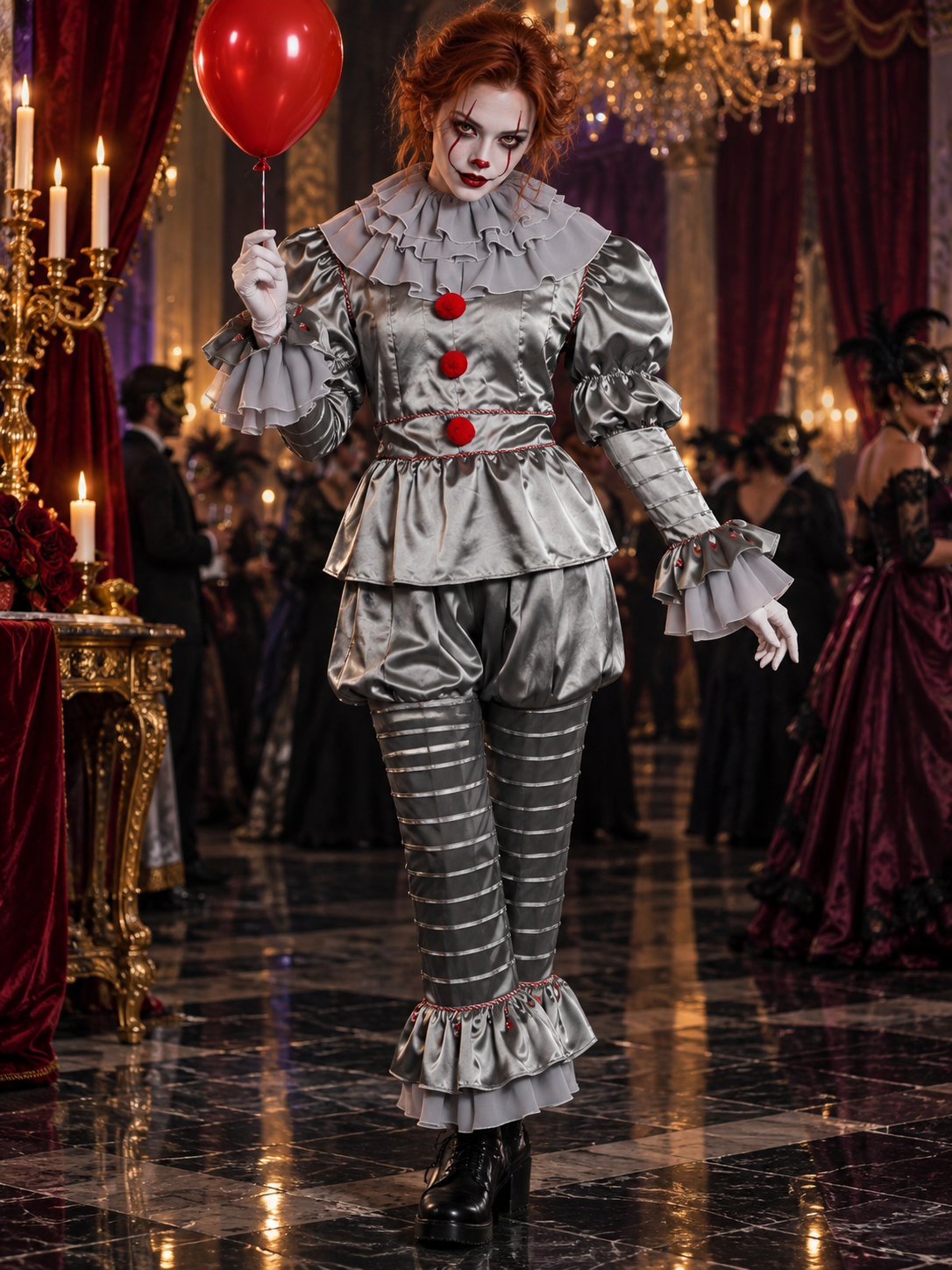 Silver Clown Costume for Cosplay with Red Pom-Poms