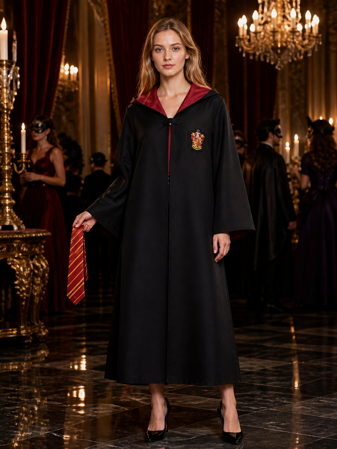 Wizard Hooded Robe Costume Set with House Badge and Striped Tie, Halloween Costumes detail