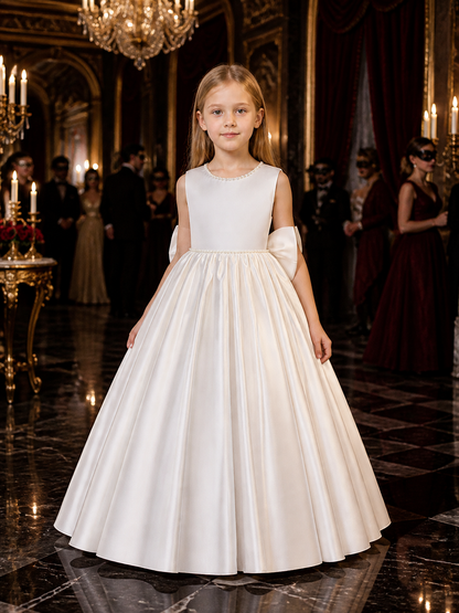 Girls' White Princess Dress, Sleeveless Long Formal Gown With Bow and Pearl-Like Costume Dresses detail