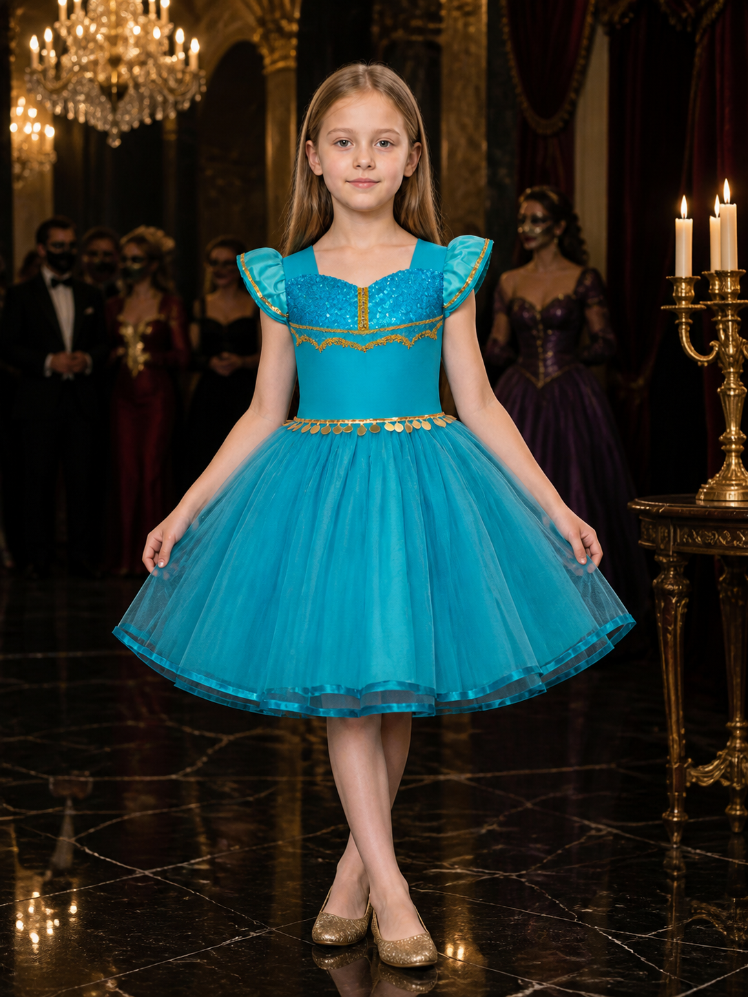 Girls' Blue Princess Dress Costume, Sequined Bodice, Tulle Skirt, Gold Waist Costume Dresses detail