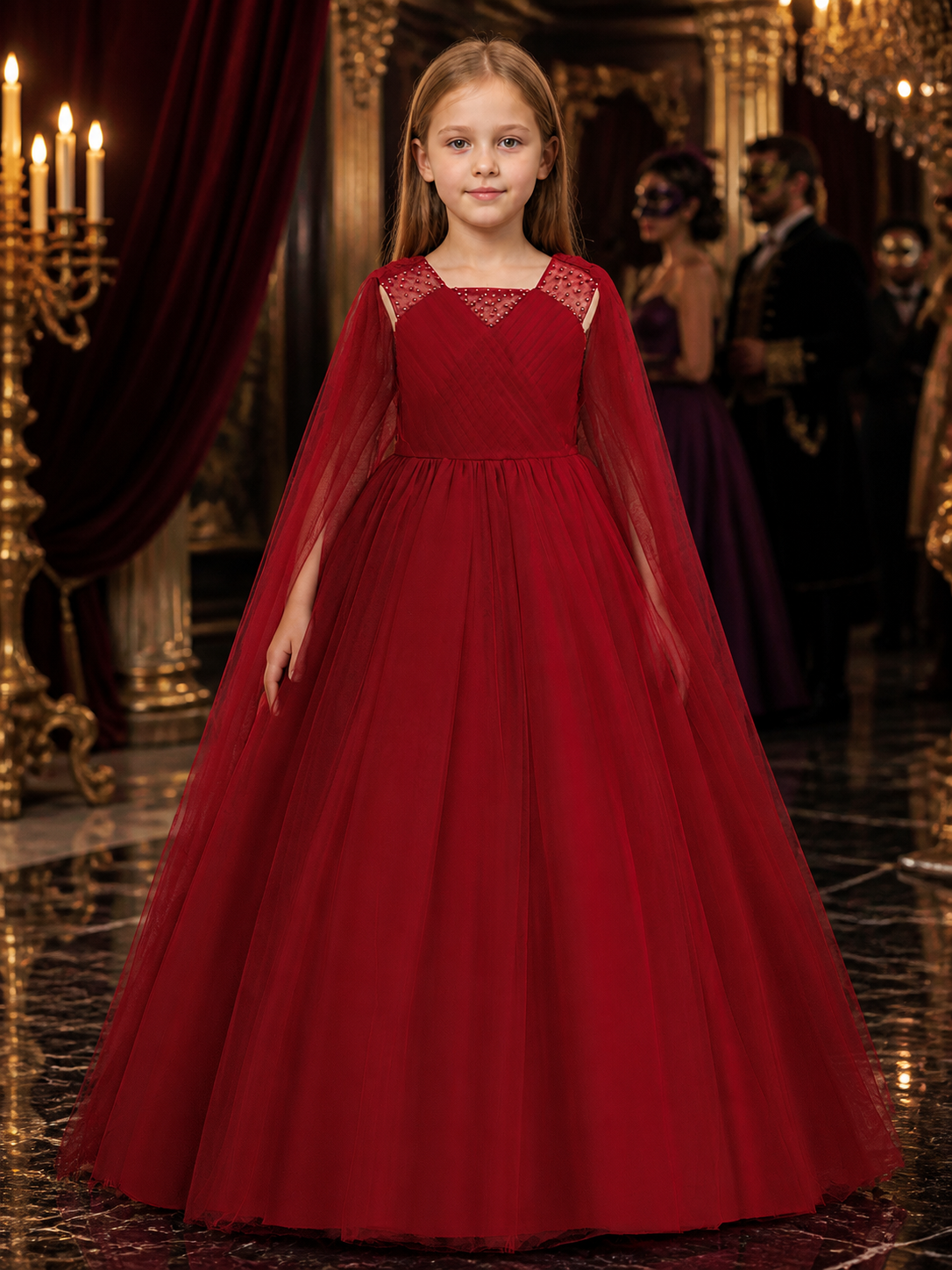 Girls' Burgundy Beaded Tulle Princess Dress, Sleeveless V-Neck Long Formal Gown Costume Dresses detail