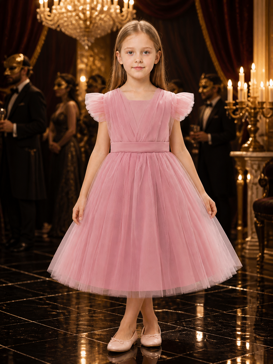 Toddler Girls' Pink Princess Dress, Layered Tulle Flutter Sleeve Formal Gown Costume Dresses detail