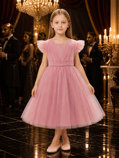 Toddler Girls' Pink Princess Dress, Layered Tulle Flutter Sleeve Formal Gown Costume Dresses detail