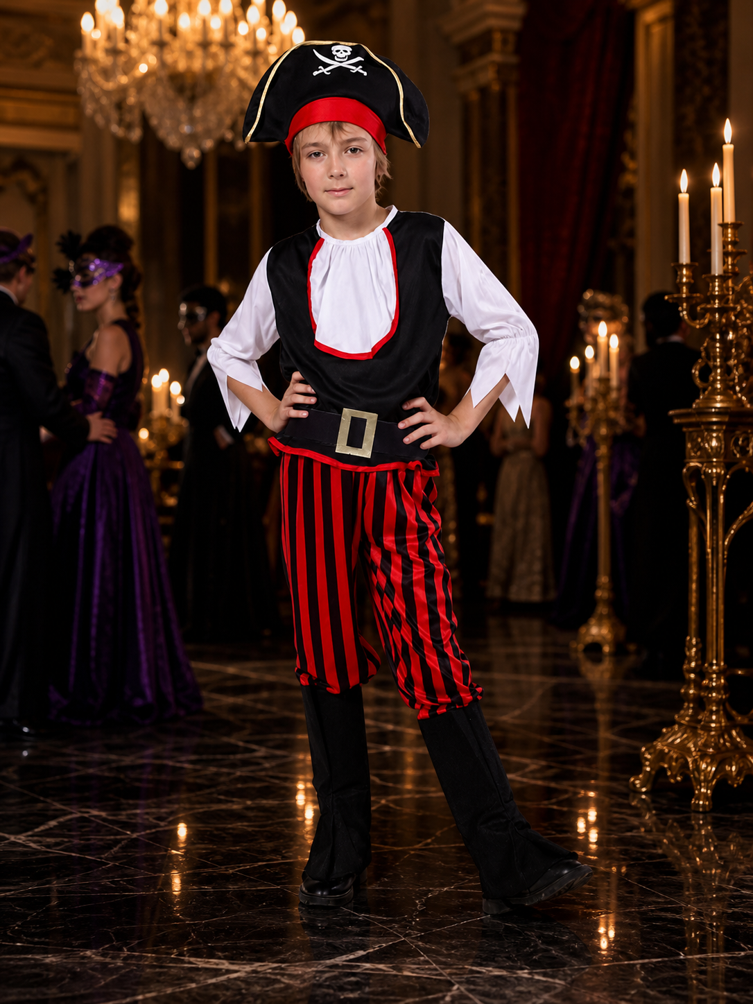Unisex Kids Pirate Costume Set, Black Sleeveless Top with Red Striped Pants Costumes detail