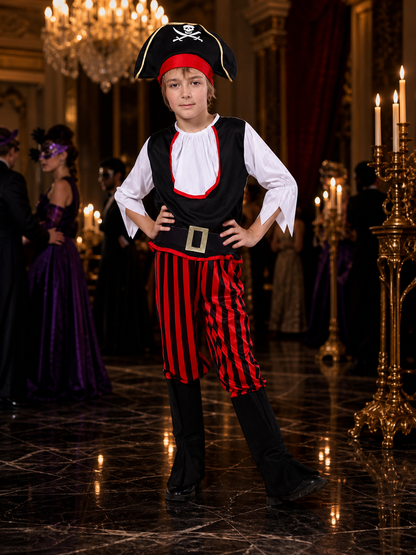 Unisex Kids Pirate Costume Set, Black Sleeveless Top with Red Striped Pants Costumes detail