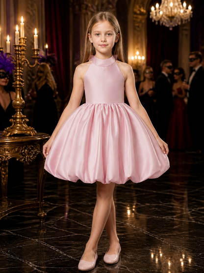 Girls' Pink Satin Halter Princess Dress, Sleeveless Bow Puffy Skirt, Sizes 4Y-8Y Costume Dresses detail