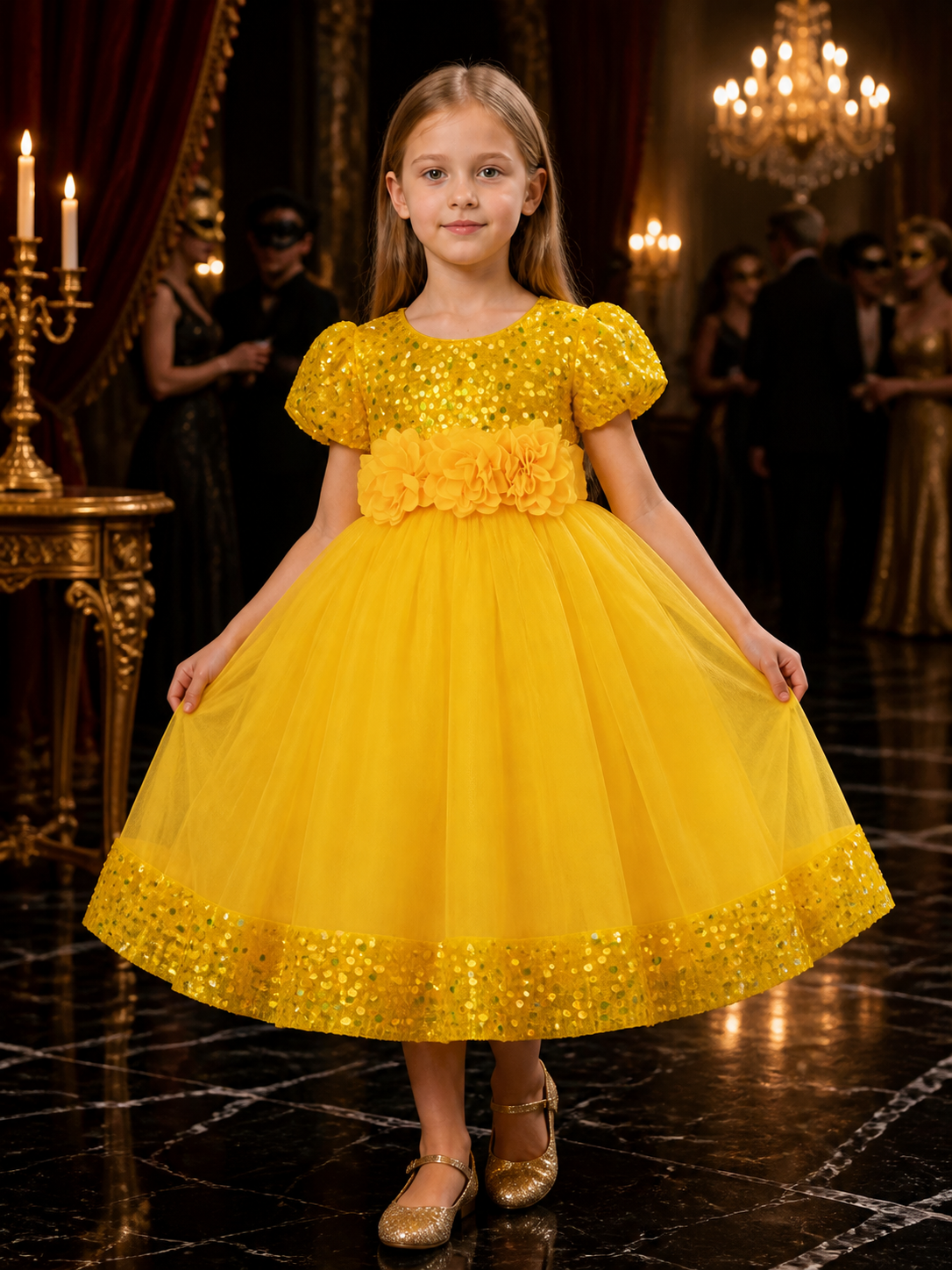 Baby Girls Princess Dress, Sequined Bodice, 3D Flower Waist, Layered Tulle Skirt