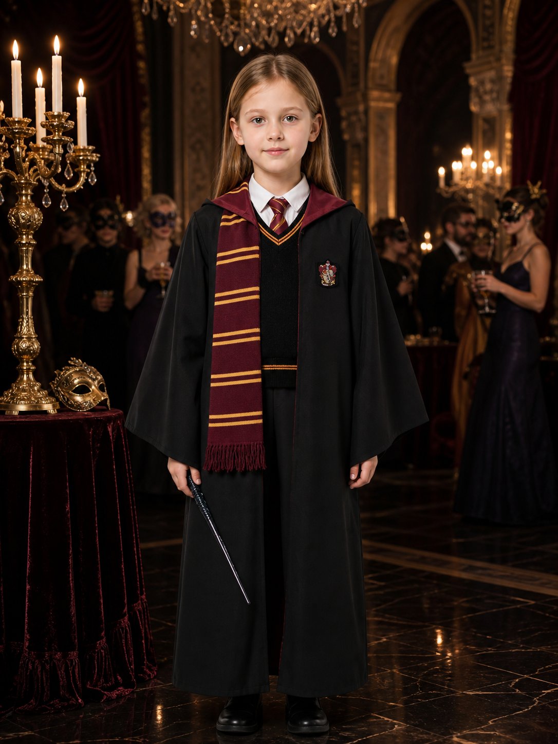 Kids' Burgundy and Black Hooded Wizard Robe Costume Set with Vest, Tie, Scarf Costumes detail