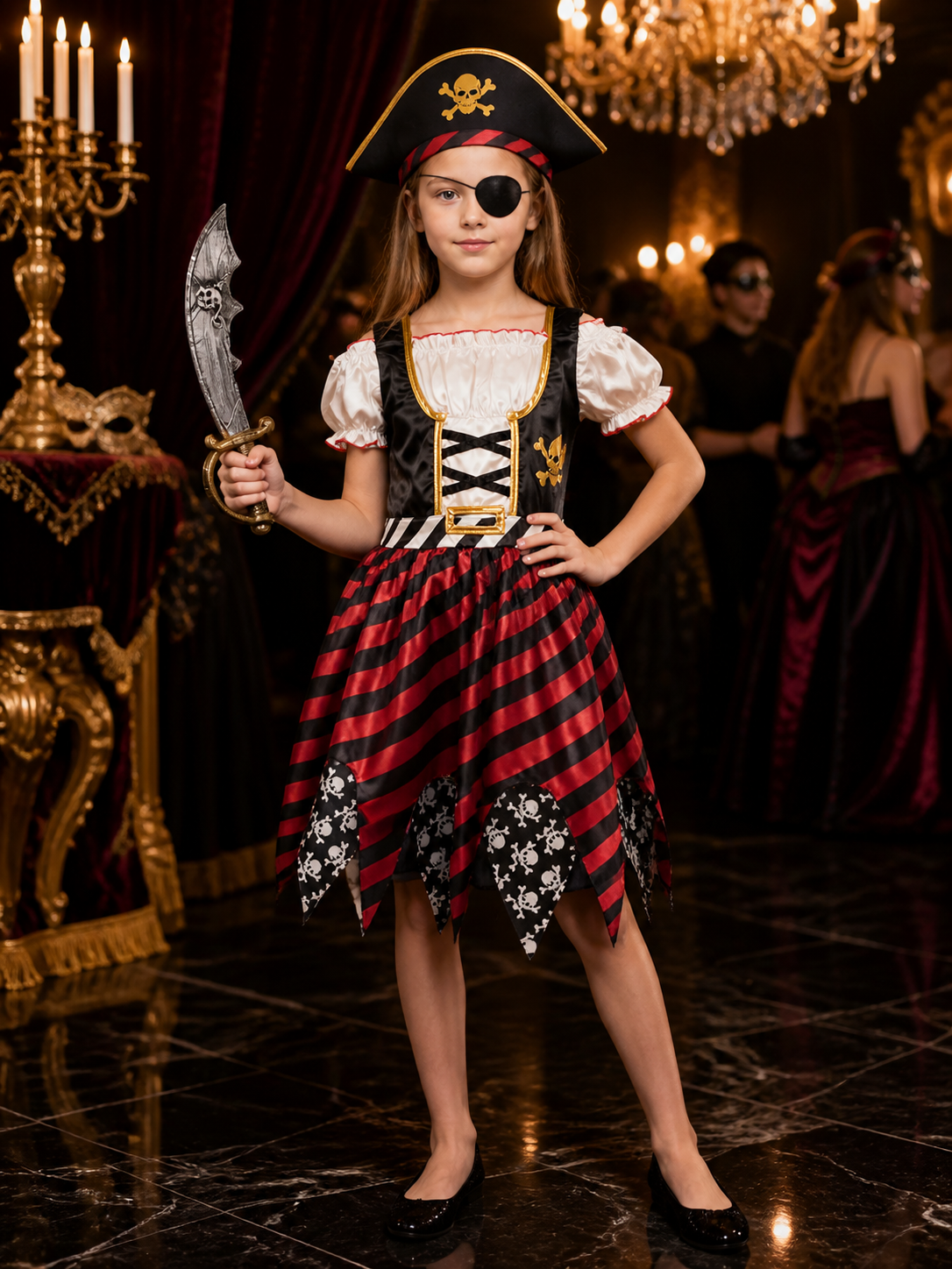 Kids Pirate Costume Dress Set with Hat, Sword & Eye Patch, Red Black Striped Costume Dresses detail