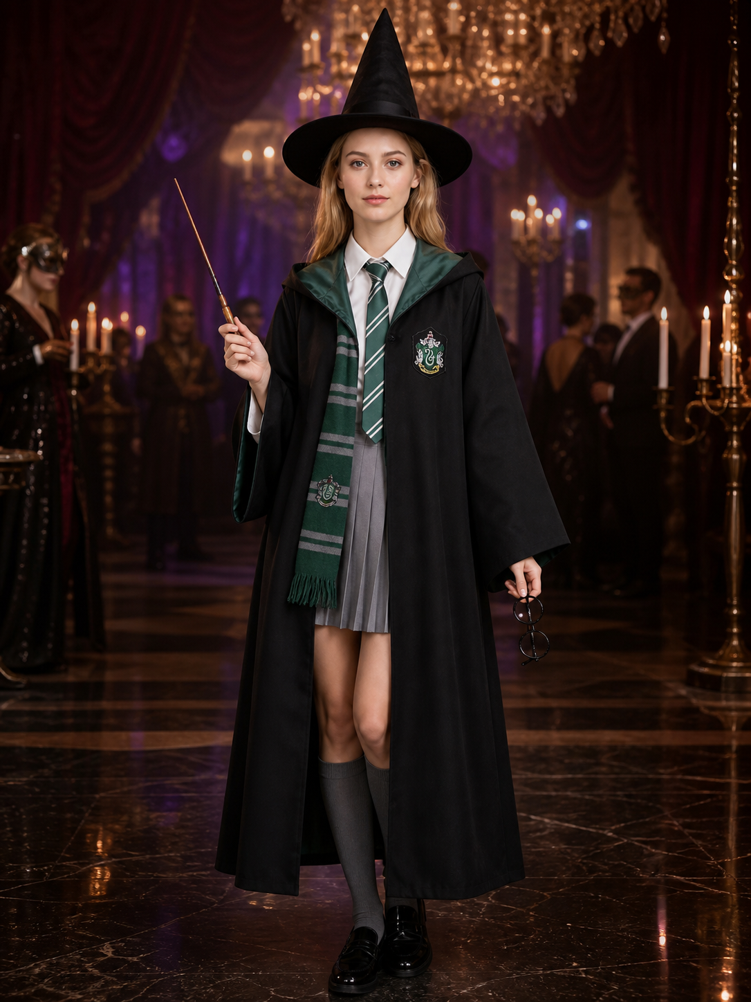 Green And Black Wizard Costume Set With Hooded Robe, Glasses, Wand, Hat And Tie Costume Headwear detail
