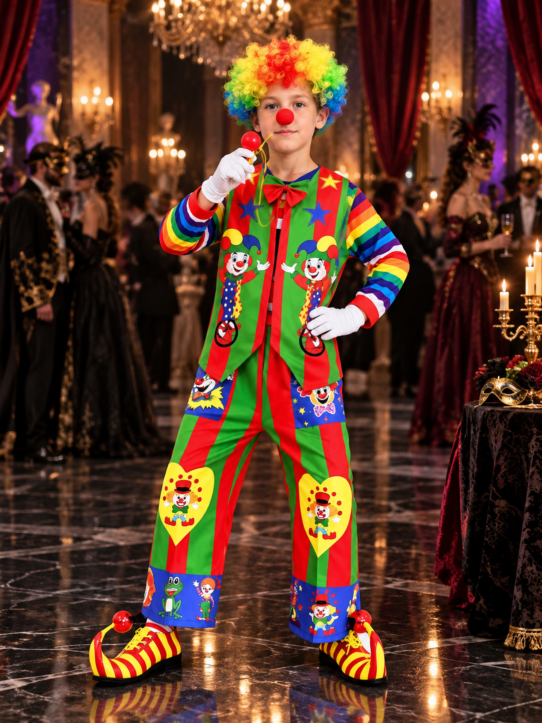 Multicolor Clown Costume with Wig, Mask, and Gloves