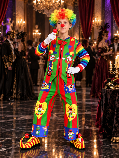 Multicolor Clown Costume with Wig, Mask, and Gloves