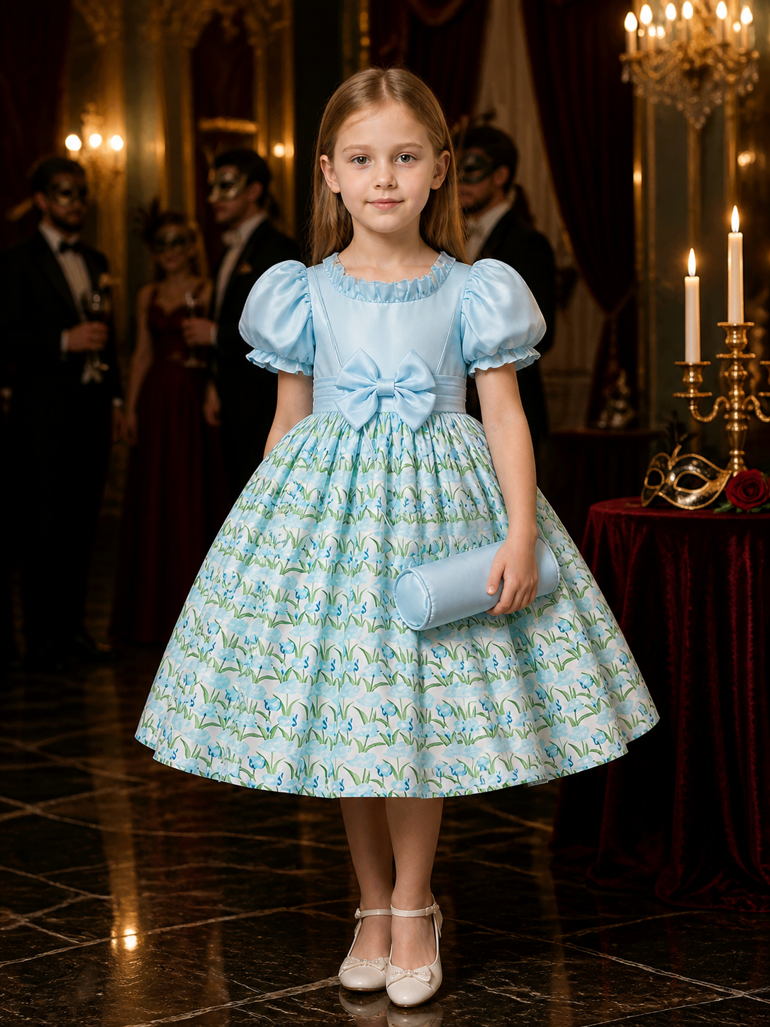 Girls' Sky Blue Princess Dress with Puff Sleeves, Floral Print, Waist Bow and Costume Dresses detail