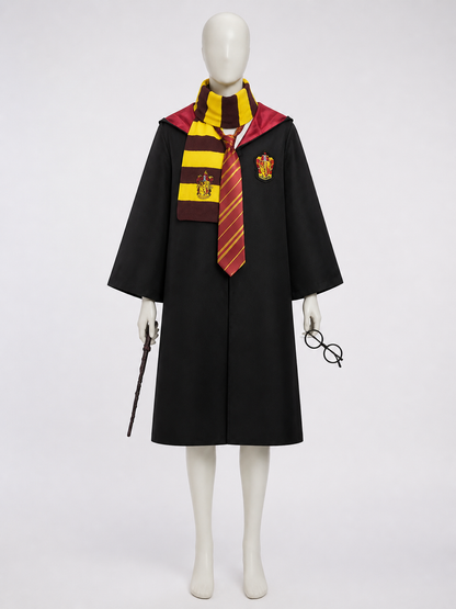 Wizard Robe Halloween Costume Set, Hooded Cape with School Crest, Scarf, Tie