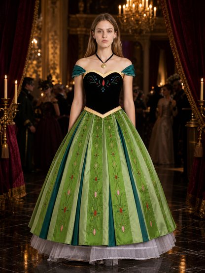 Adult Anna Cosplay Costume Set, Embroidered Green Vest And Skirt With Necklace Costumes detail
