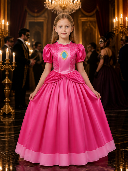 Girls Princess Peach Costume Dress – Pink Puff Sleeve Tutu Gown with Blue Gold product detail