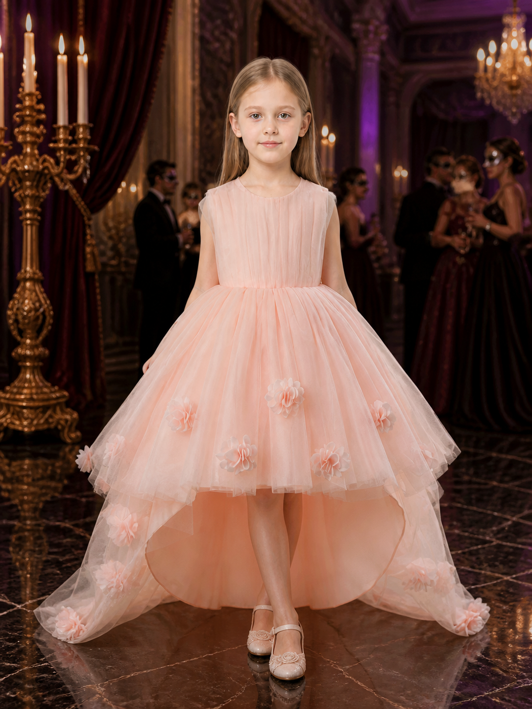 Girls' Flower Girl Princess Dress, Layered Tulle Skirt With 3D Flowers Costume Dresses detail