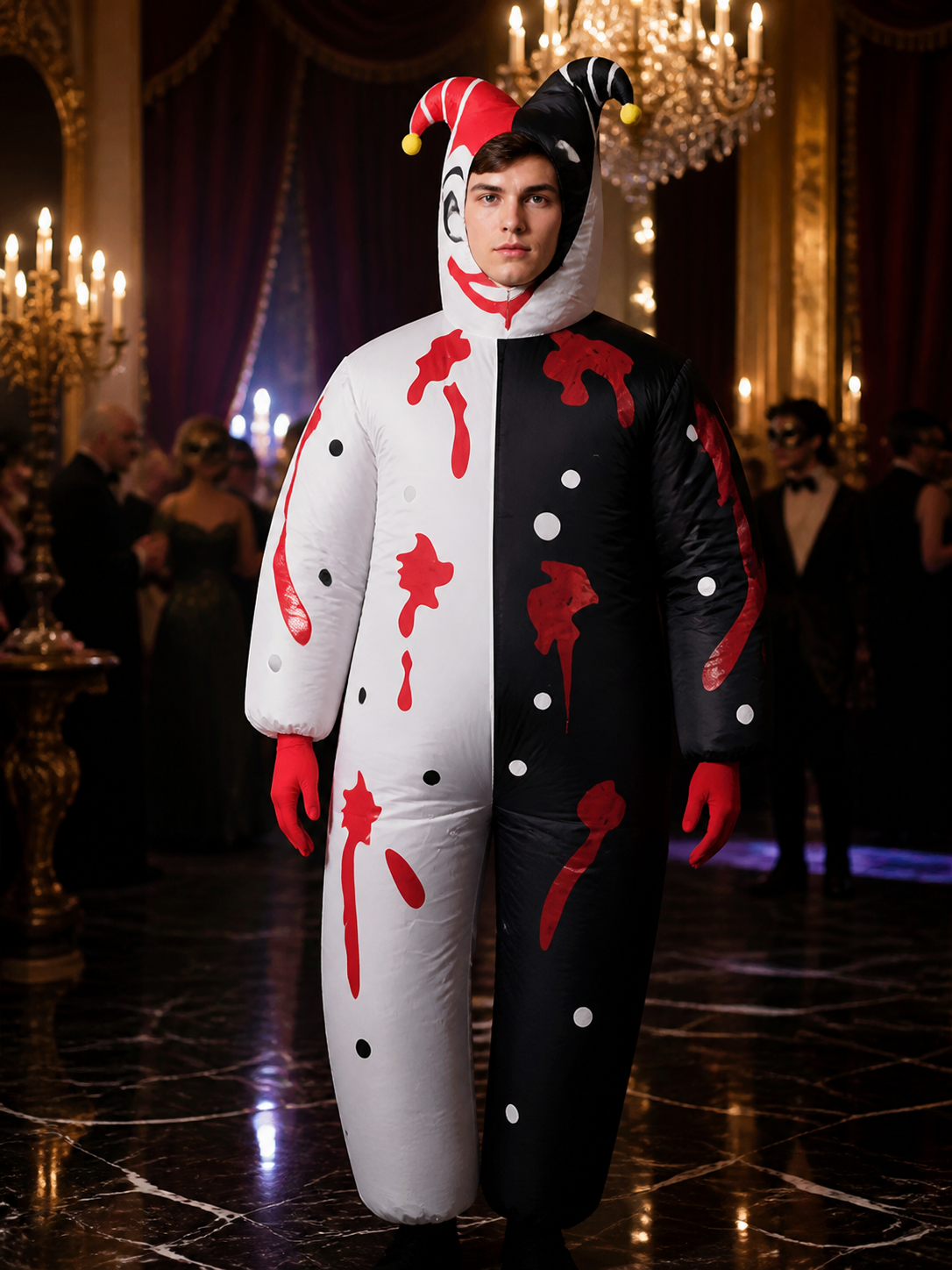 Black White Clown Jumpsuit Costume with Hat and Red Drip Design Costume Headwear detail