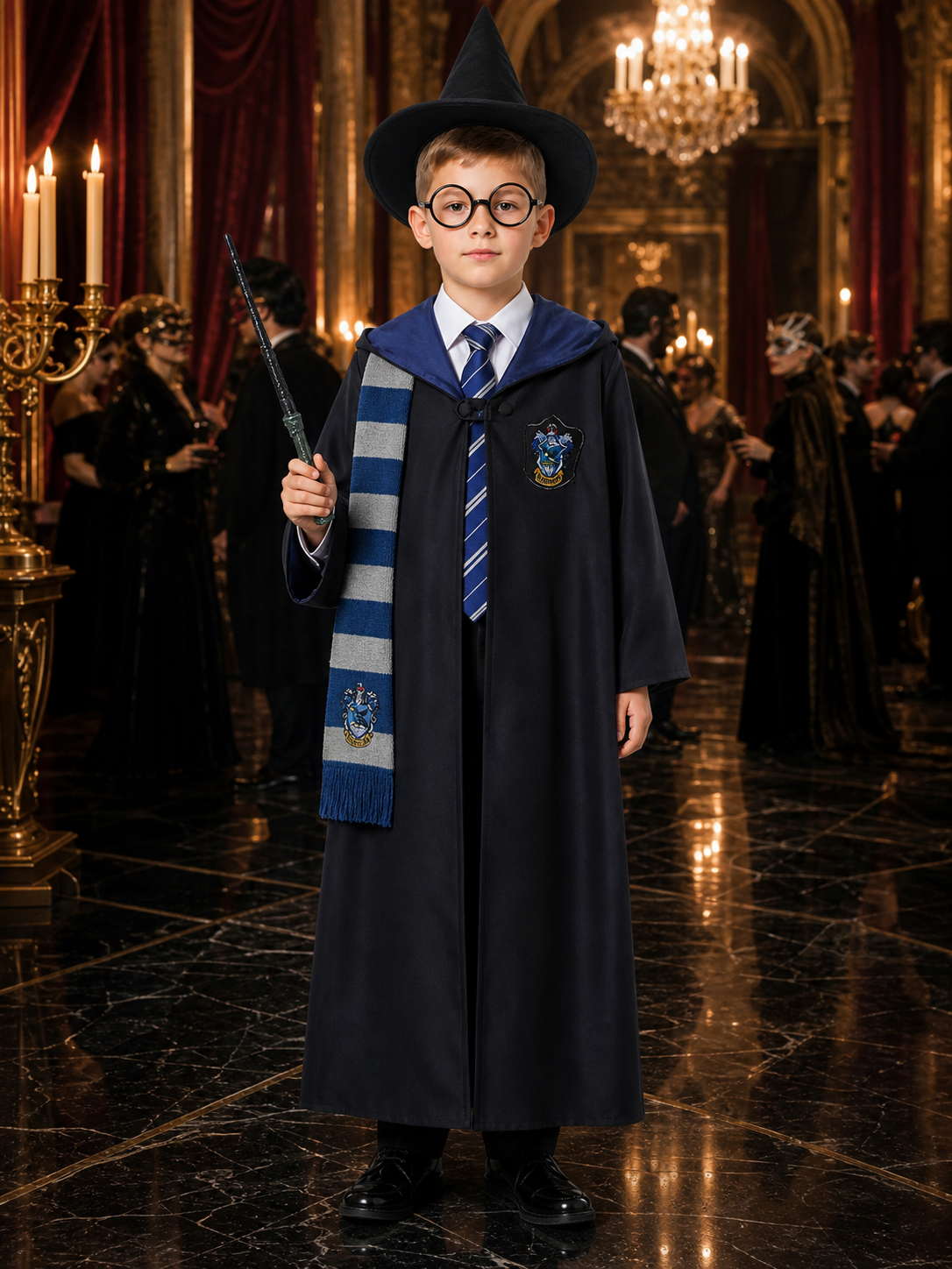 Wizard Robe Costume Set with Scarf, Tie, Hat, Glasses and Wand - Halloween Costume Headwear detail